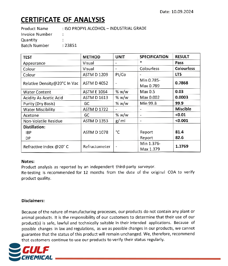 آنالیز ایزوپروپیل الکل